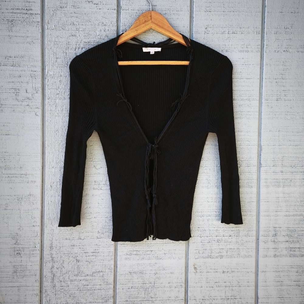 PAULE KA Silk Ribbed Knit Cardigan sz S/M Black Quiet Luxury Chic Euro Summer